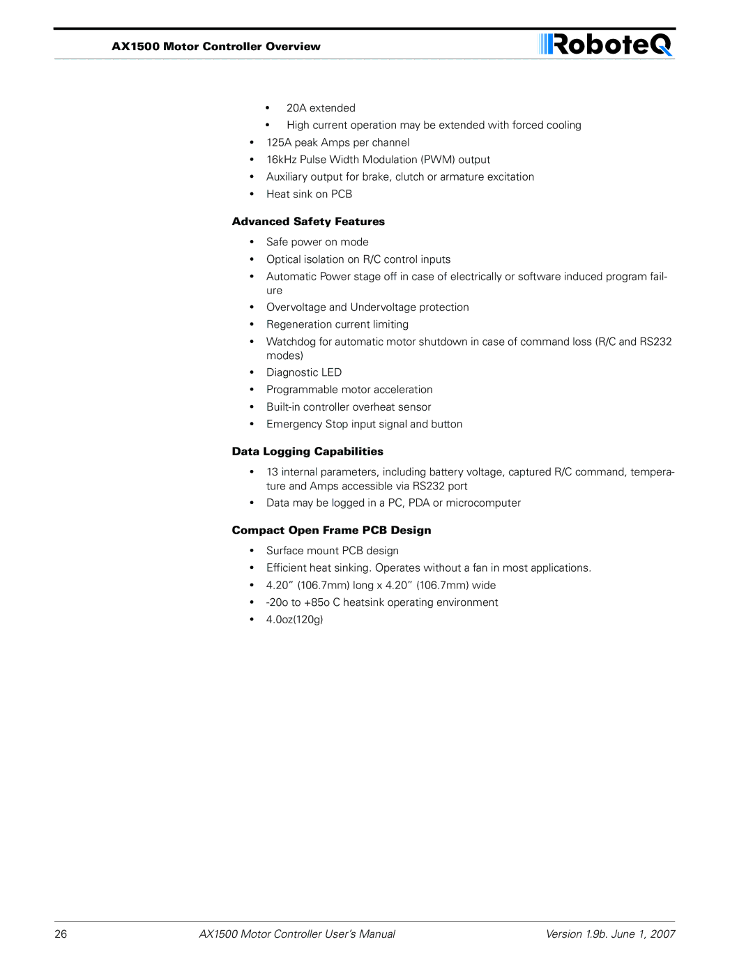 RoboteQ AX2550, AX1500 user manual Advanced Safety Features, Data Logging Capabilities, Compact Open Frame PCB Design 