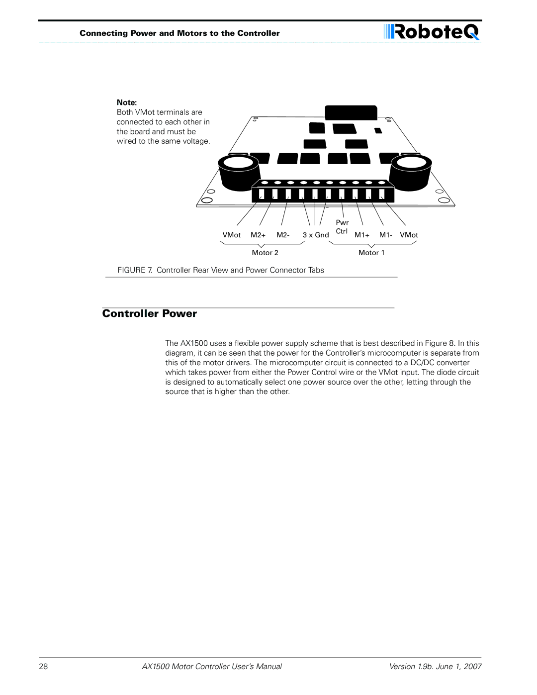 RoboteQ AX2550, AX1500 user manual Controller Power, Connecting Power and Motors to the Controller 