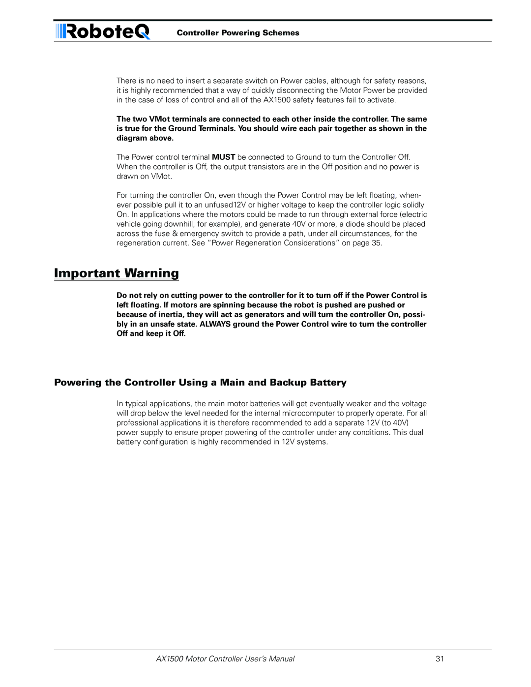 RoboteQ AX1500, AX2550 user manual Powering the Controller Using a Main and Backup Battery, Controller Powering Schemes 