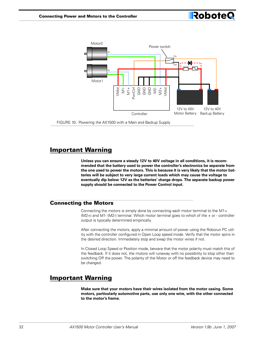 RoboteQ AX2550 user manual Connecting the Motors, Powering the AX1500 with a Main and Backup Supply 