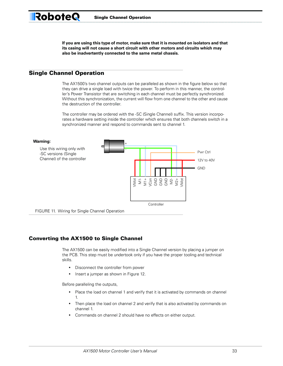 RoboteQ AX2550 user manual Single Channel Operation, Converting the AX1500 to Single Channel 