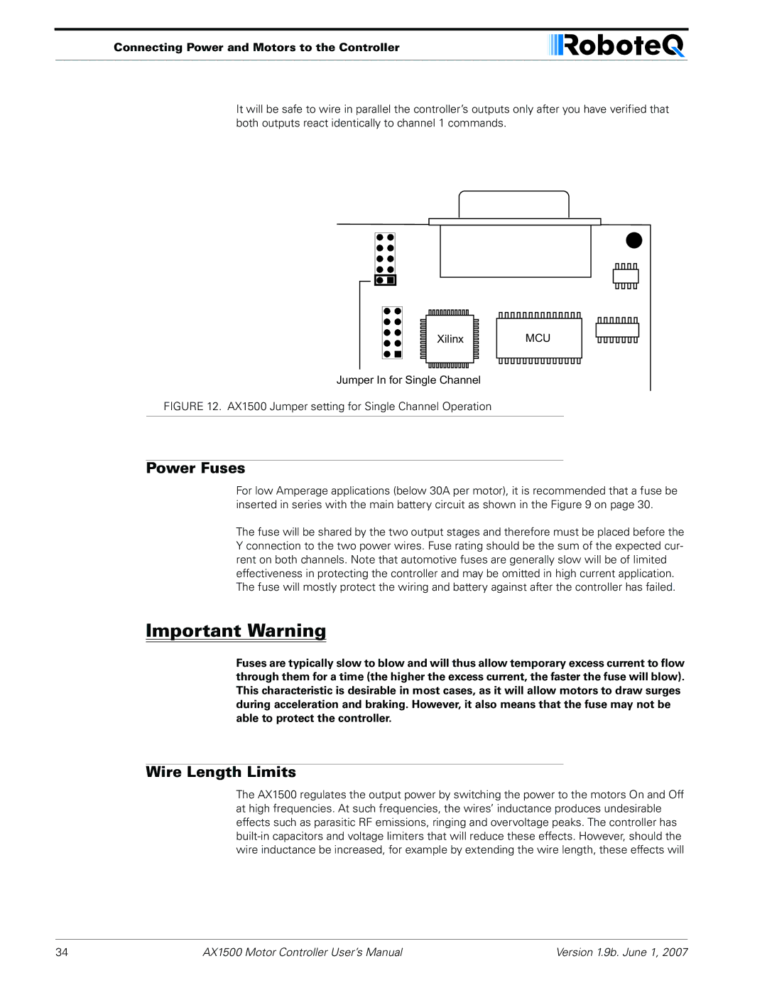 RoboteQ AX2550, AX1500 user manual Power Fuses, Wire Length Limits 