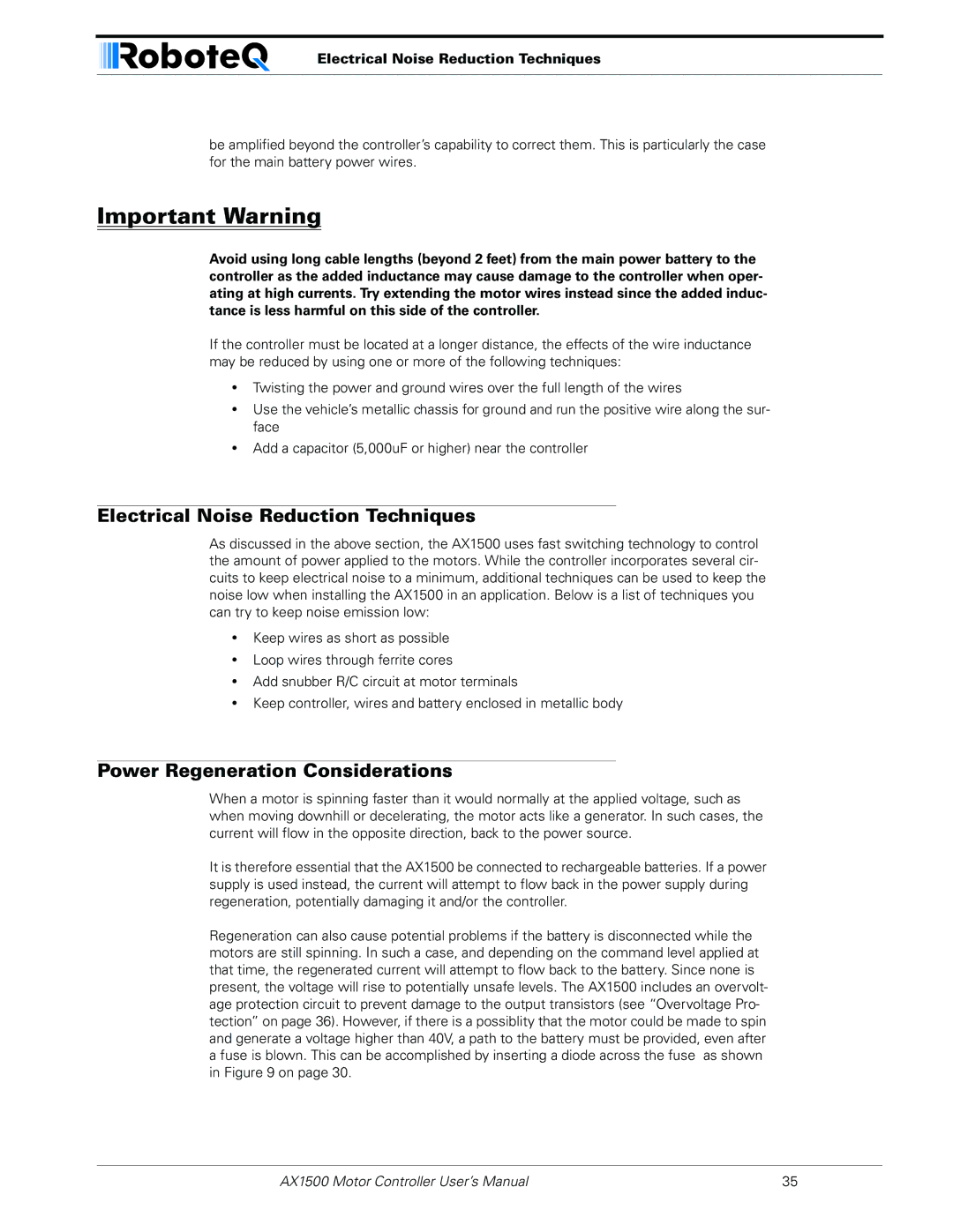 RoboteQ AX1500, AX2550 user manual Electrical Noise Reduction Techniques, Power Regeneration Considerations 