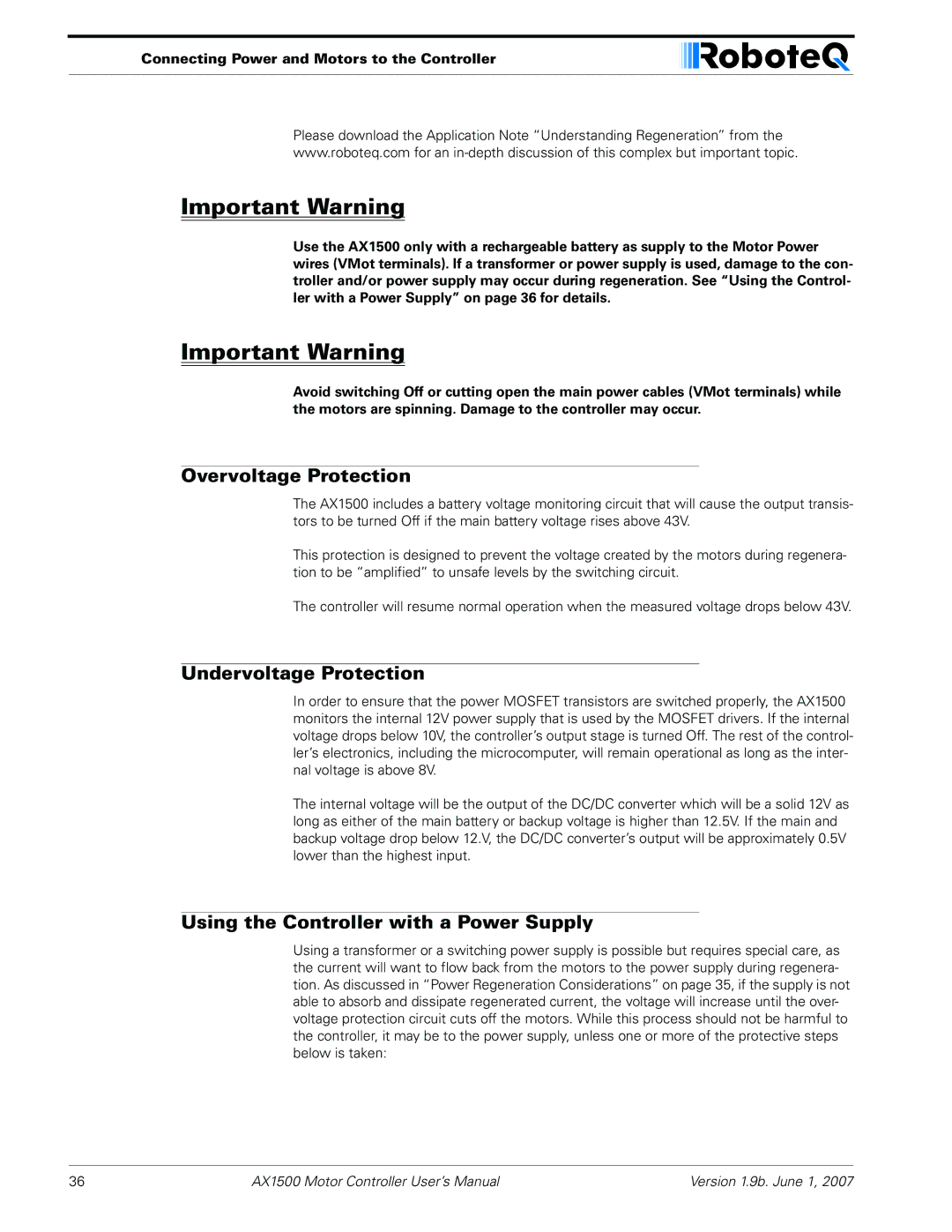 RoboteQ AX2550, AX1500 user manual Overvoltage Protection, Undervoltage Protection, Using the Controller with a Power Supply 