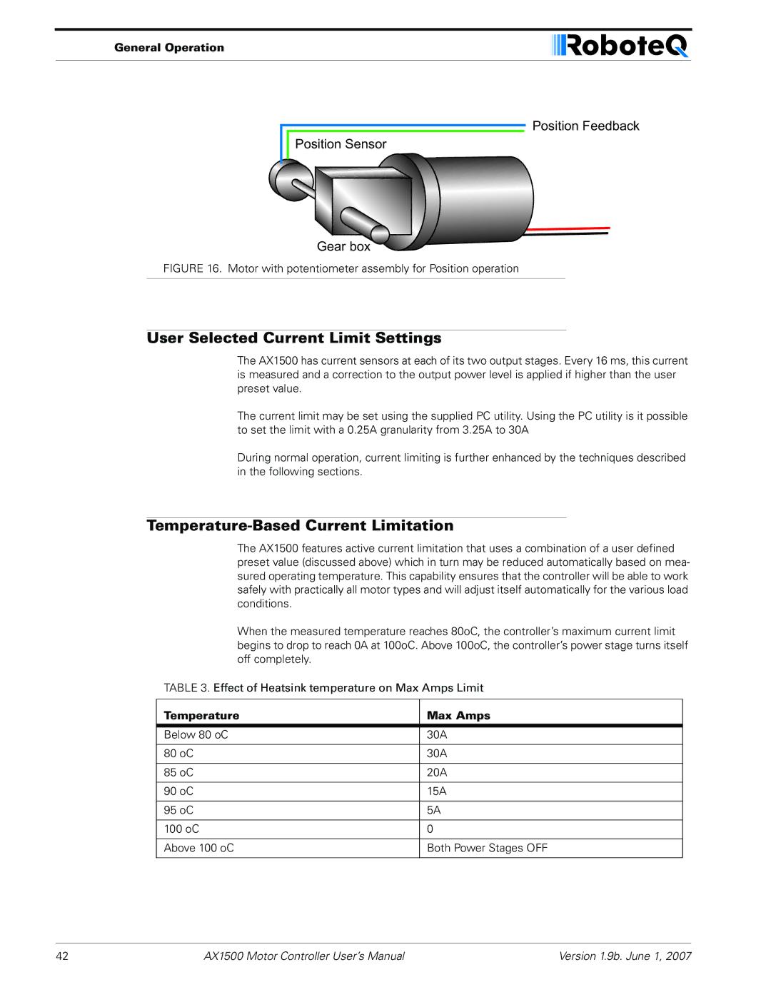 RoboteQ AX2550, AX1500 User Selected Current Limit Settings, Temperature-Based Current Limitation, Temperature Max Amps 