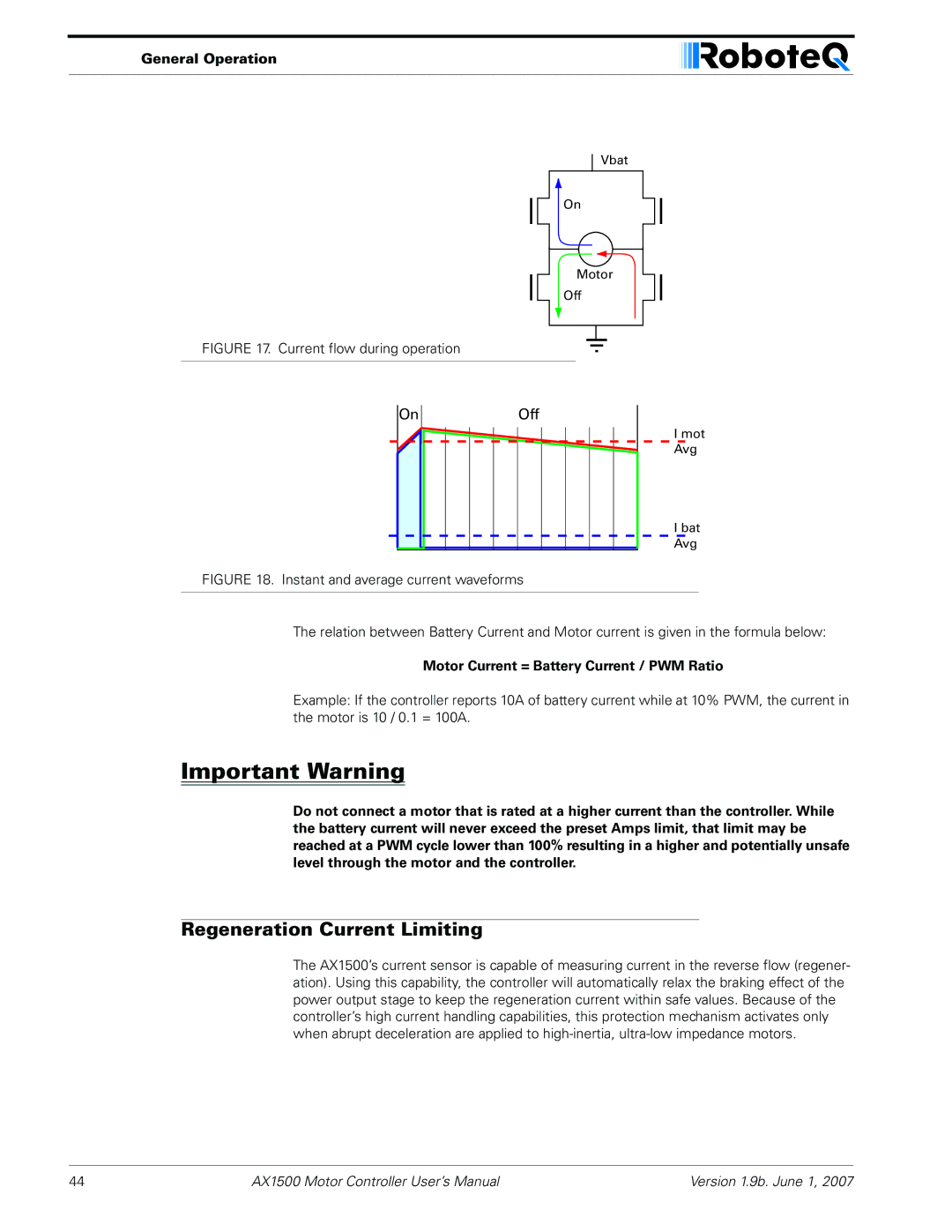 RoboteQ AX2550, AX1500 user manual Regeneration Current Limiting, Off 