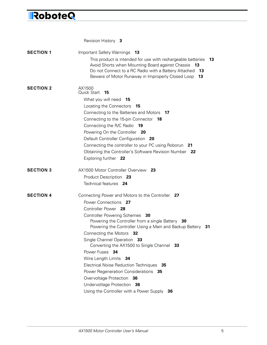 RoboteQ AX1500, AX2550 user manual Section 