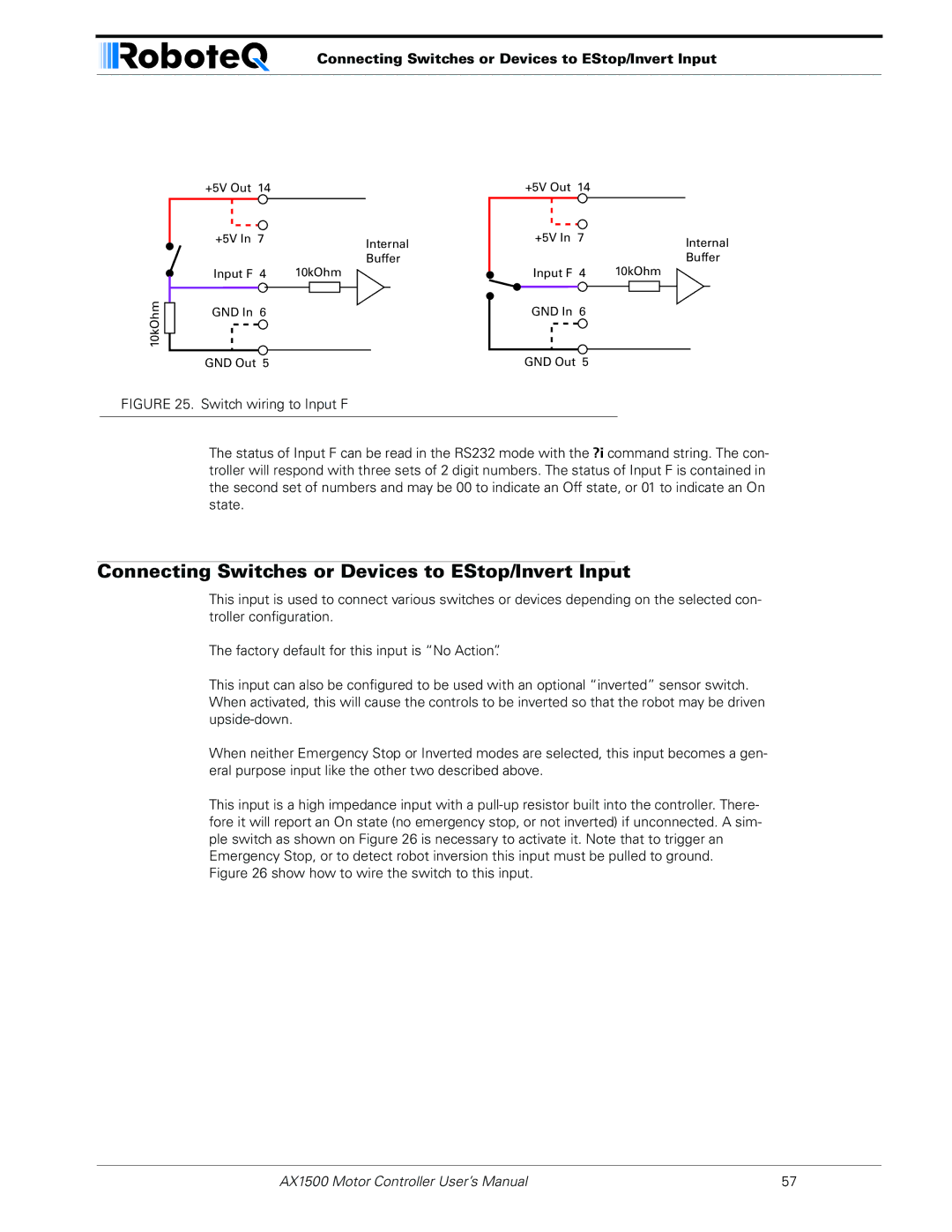 RoboteQ AX1500, AX2550 user manual Connecting Switches or Devices to EStop/Invert Input 