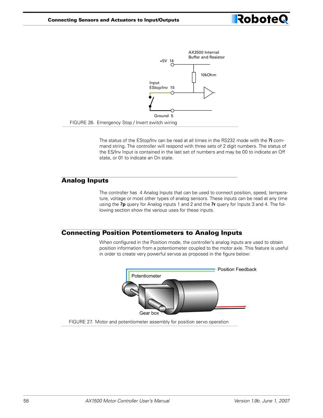 RoboteQ AX2550, AX1500 user manual Connecting Position Potentiometers to Analog Inputs 