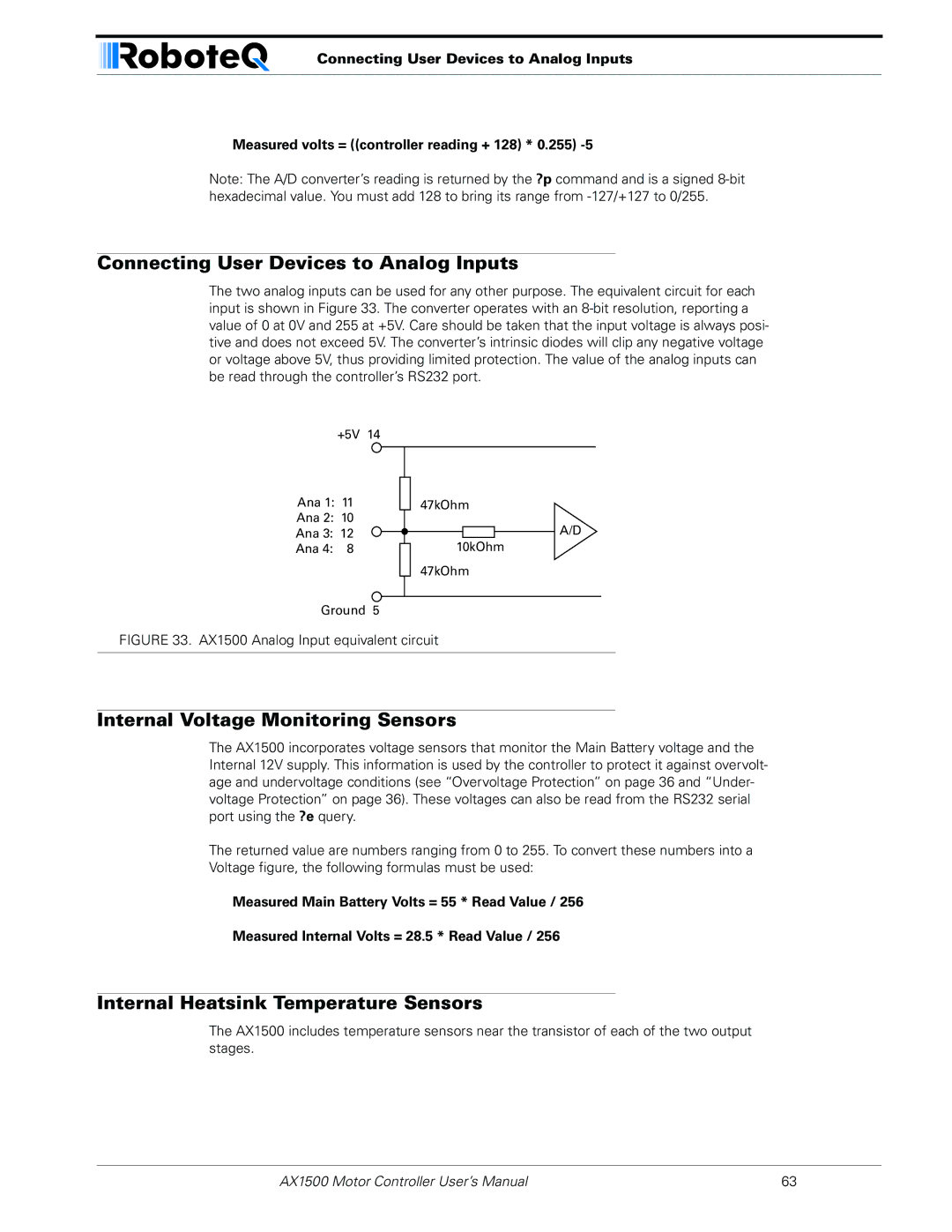 RoboteQ AX1500, AX2550 user manual Connecting User Devices to Analog Inputs, Internal Voltage Monitoring Sensors 