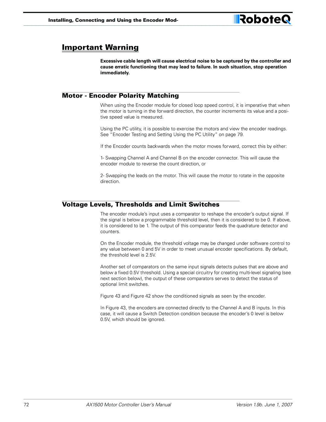 RoboteQ AX2550, AX1500 user manual Motor Encoder Polarity Matching, Voltage Levels, Thresholds and Limit Switches 