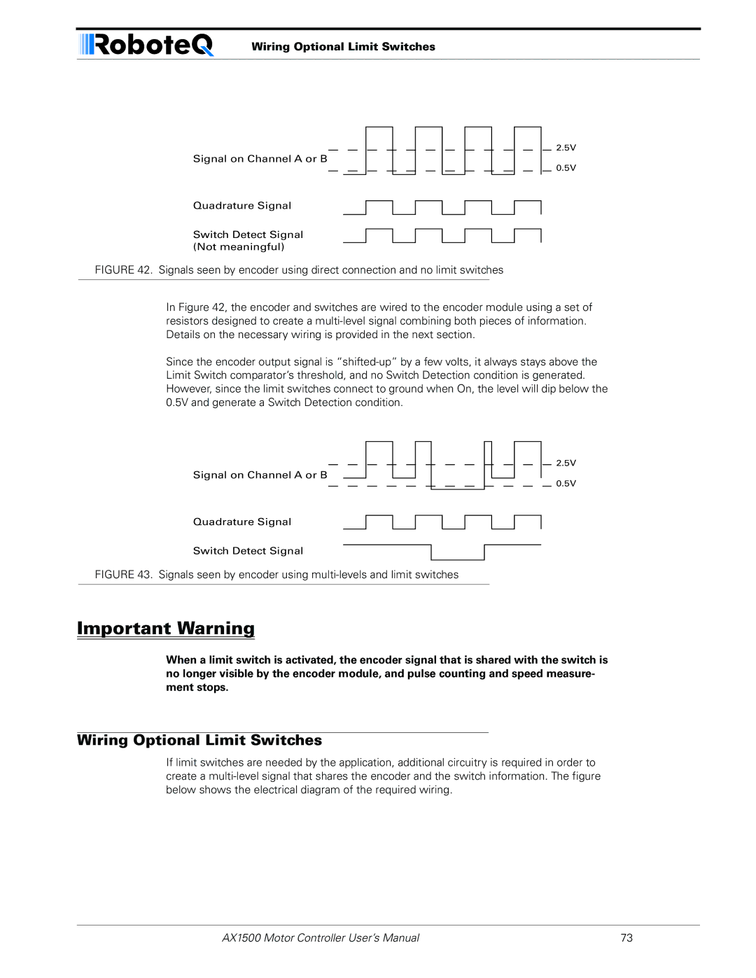 RoboteQ AX1500, AX2550 user manual Wiring Optional Limit Switches 