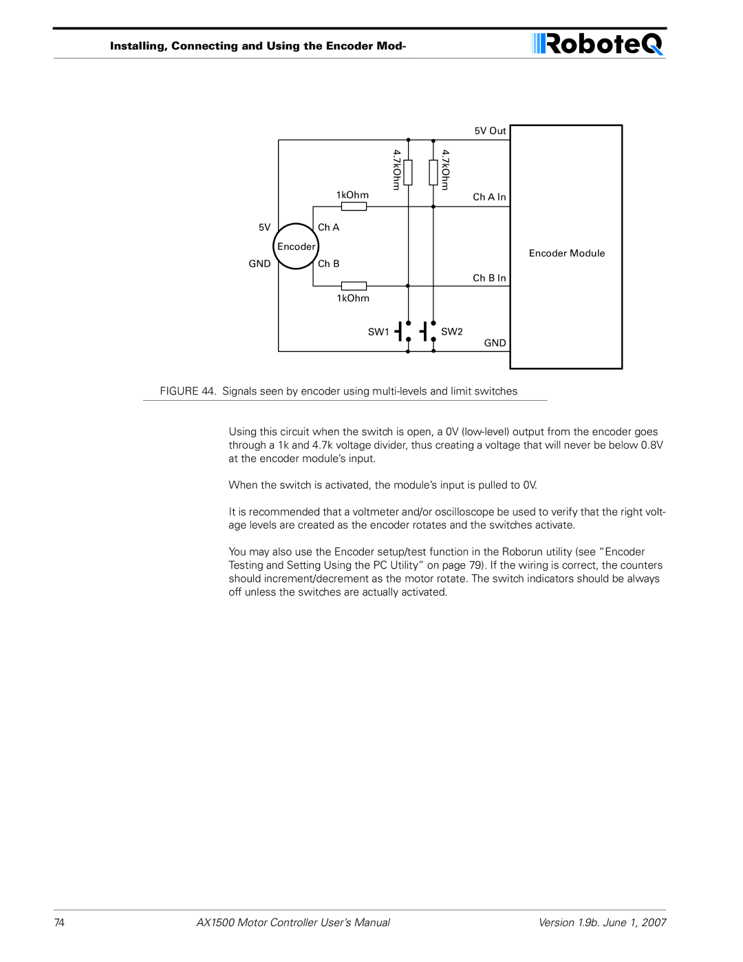 RoboteQ AX2550, AX1500 user manual SW1 SW2 GND 