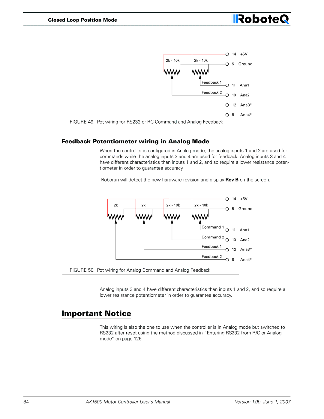 RoboteQ AX2550 Feedback Potentiometer wiring in Analog Mode, Pot wiring for RS232 or RC Command and Analog Feedback 