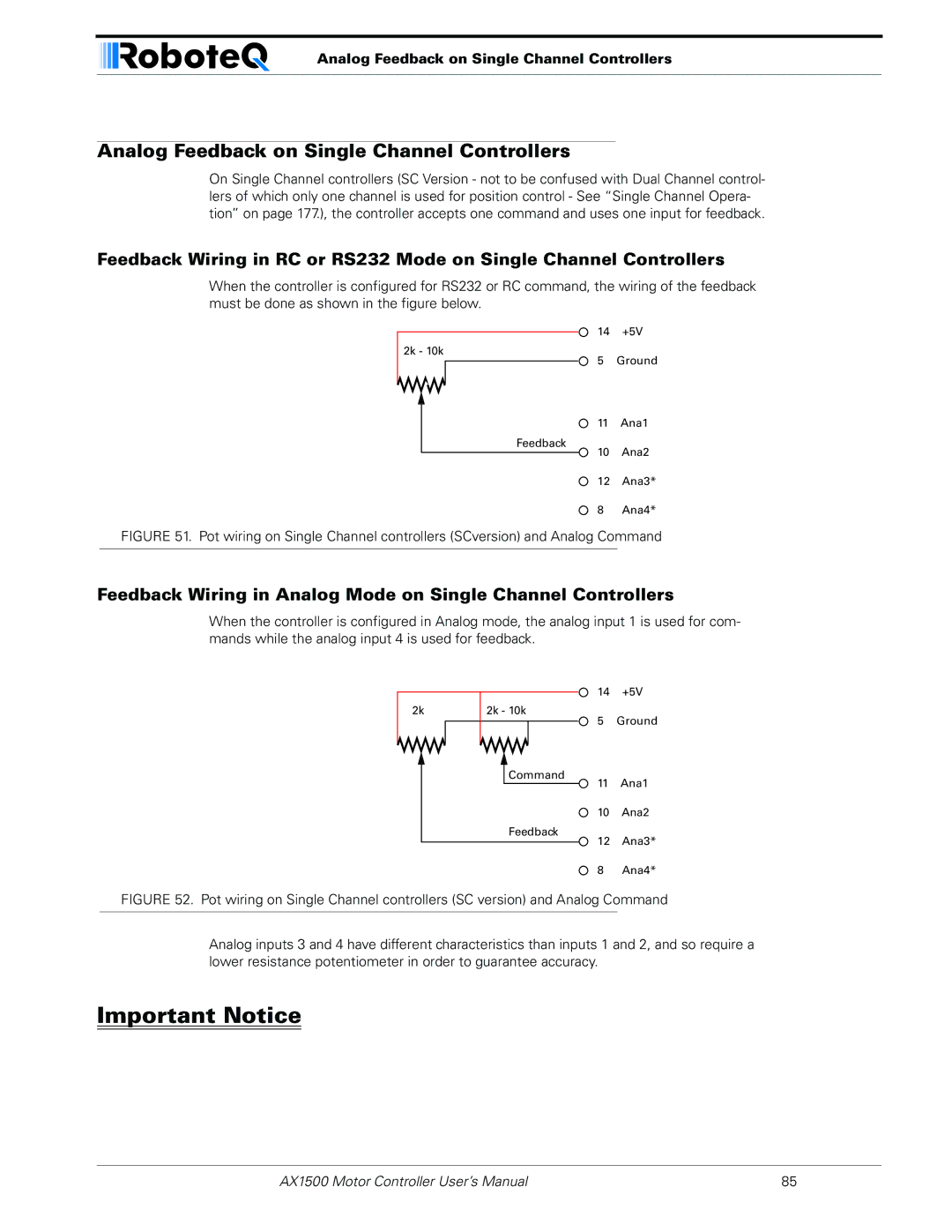 RoboteQ AX1500, AX2550 user manual Analog Feedback on Single Channel Controllers 