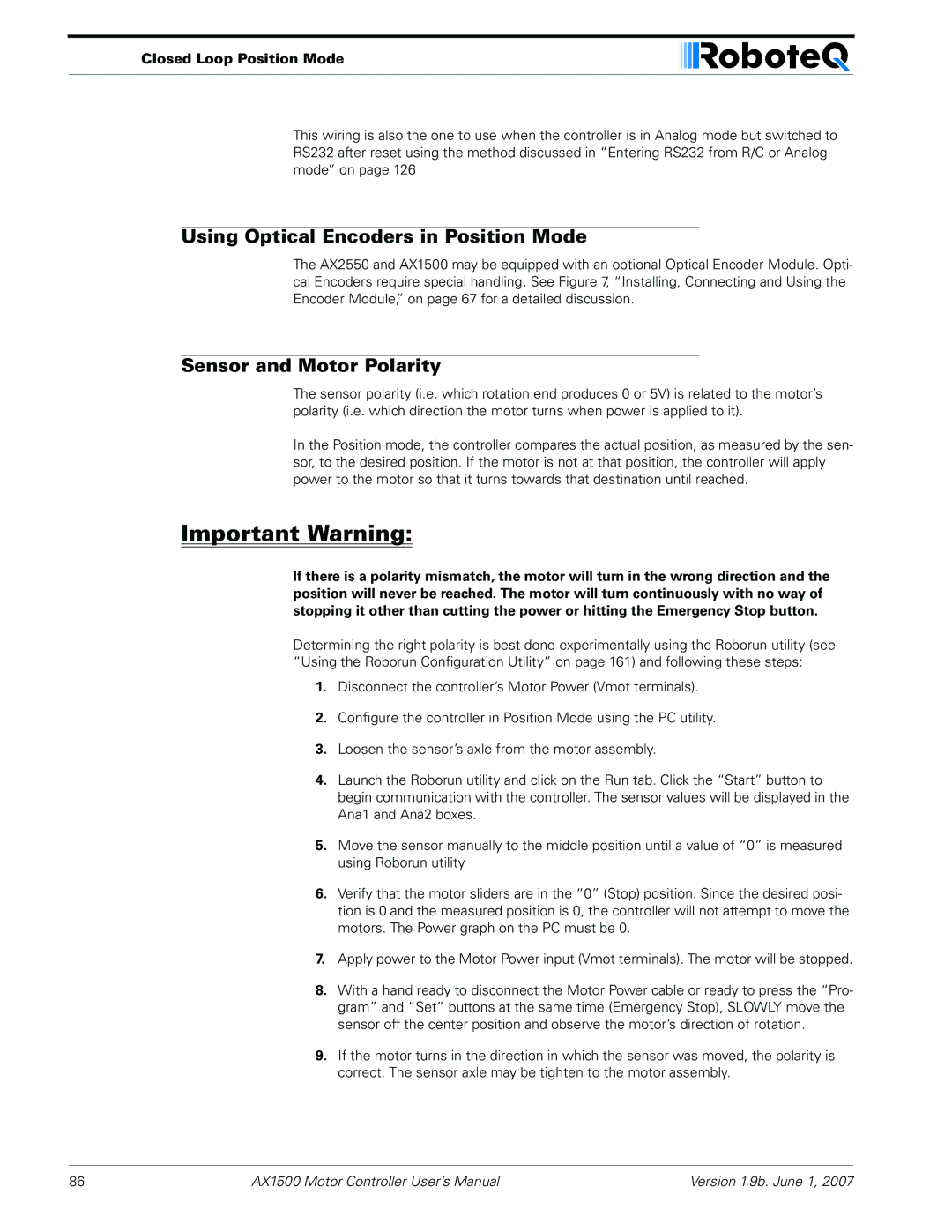 RoboteQ AX2550, AX1500 user manual Using Optical Encoders in Position Mode, Sensor and Motor Polarity 