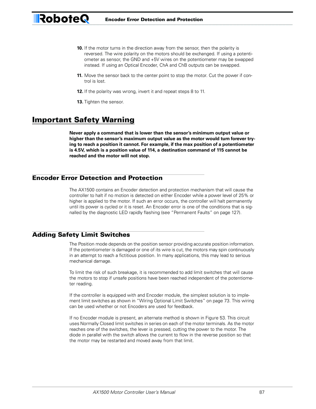 RoboteQ AX1500, AX2550 user manual Encoder Error Detection and Protection, Adding Safety Limit Switches 