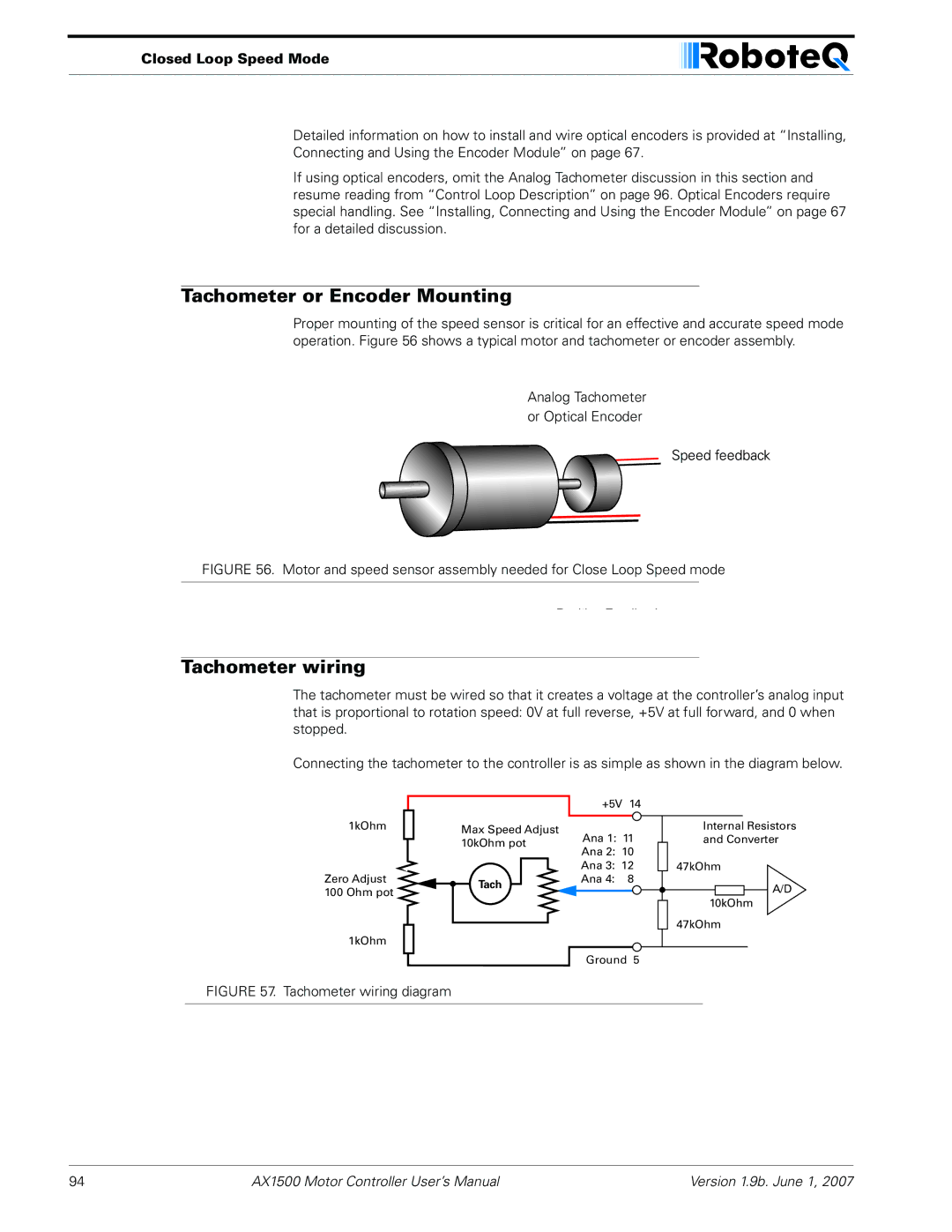 RoboteQ AX2550, AX1500 user manual Tachometer or Encoder Mounting, Tachometer wiring, Closed Loop Speed Mode 