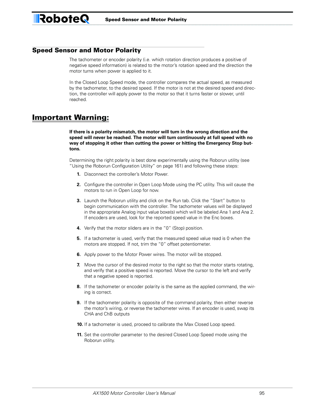 RoboteQ AX1500, AX2550 user manual Speed Sensor and Motor Polarity 