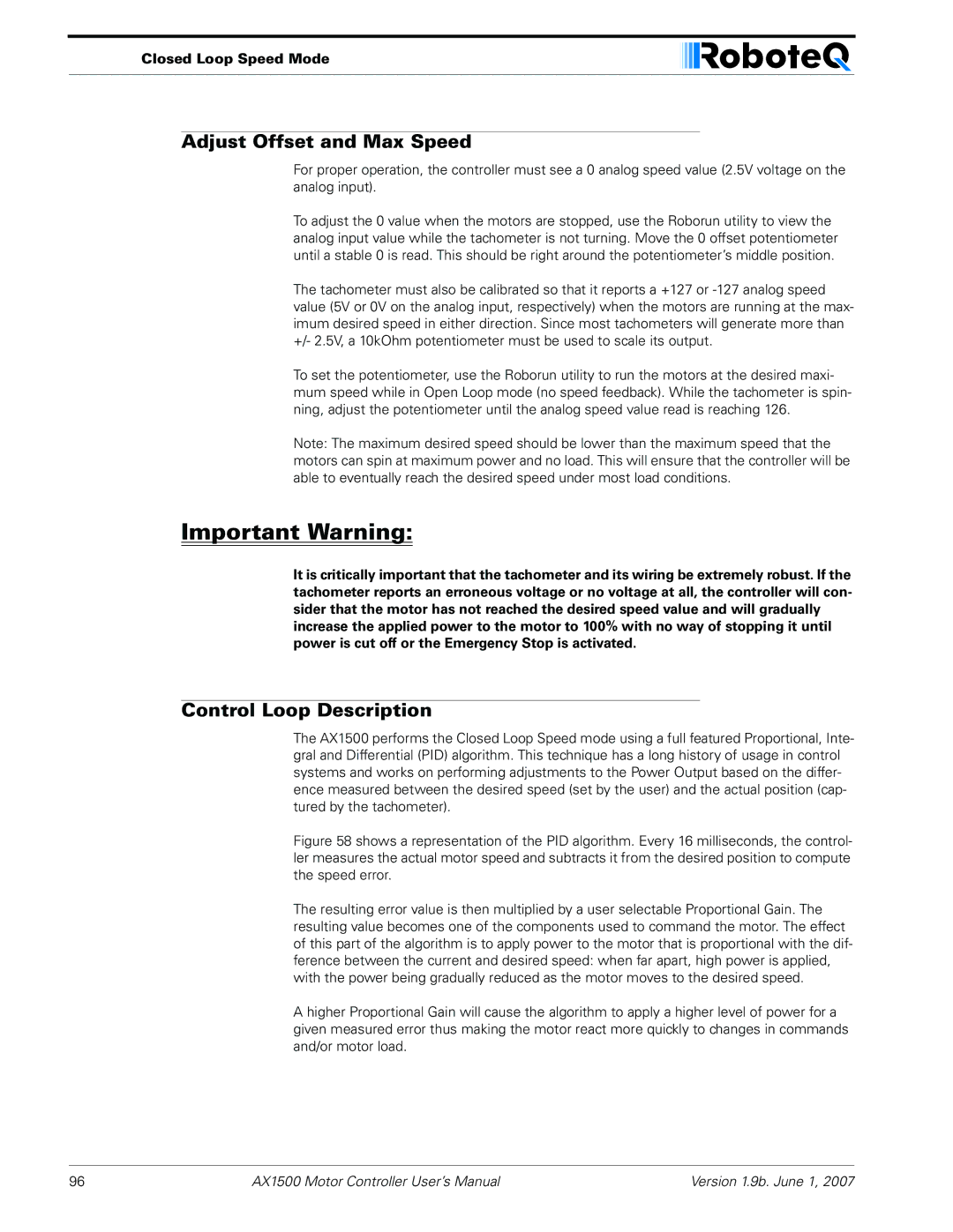 RoboteQ AX2550, AX1500 user manual Adjust Offset and Max Speed, Control Loop Description 