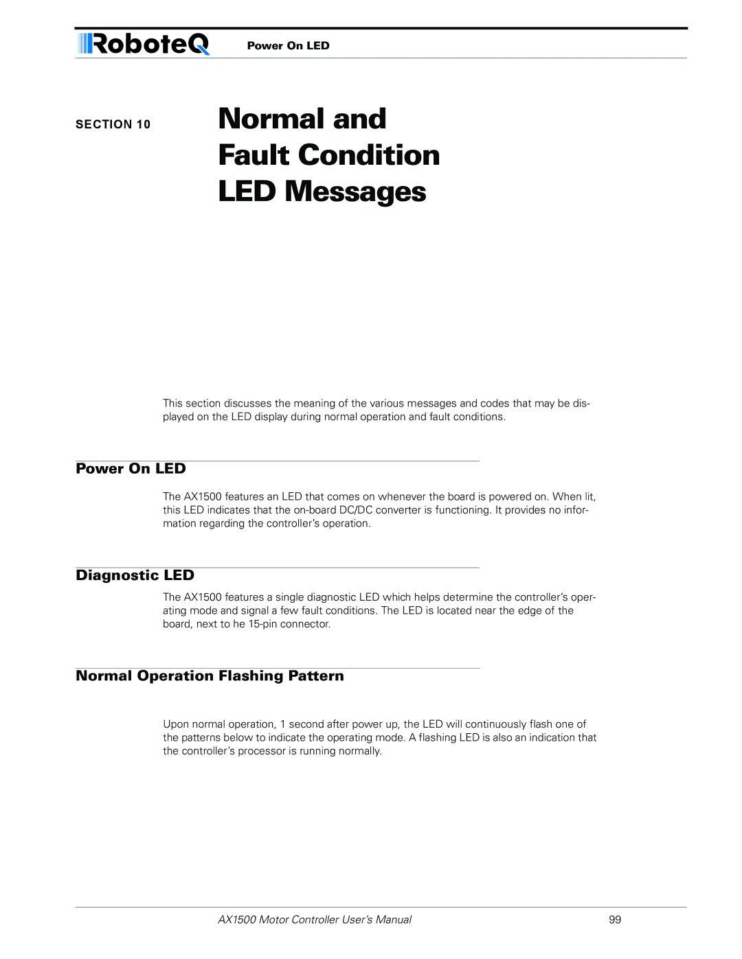 RoboteQ AX1500 Normal Fault Condition LED Messages, Power On LED, Diagnostic LED, Normal Operation Flashing Pattern 