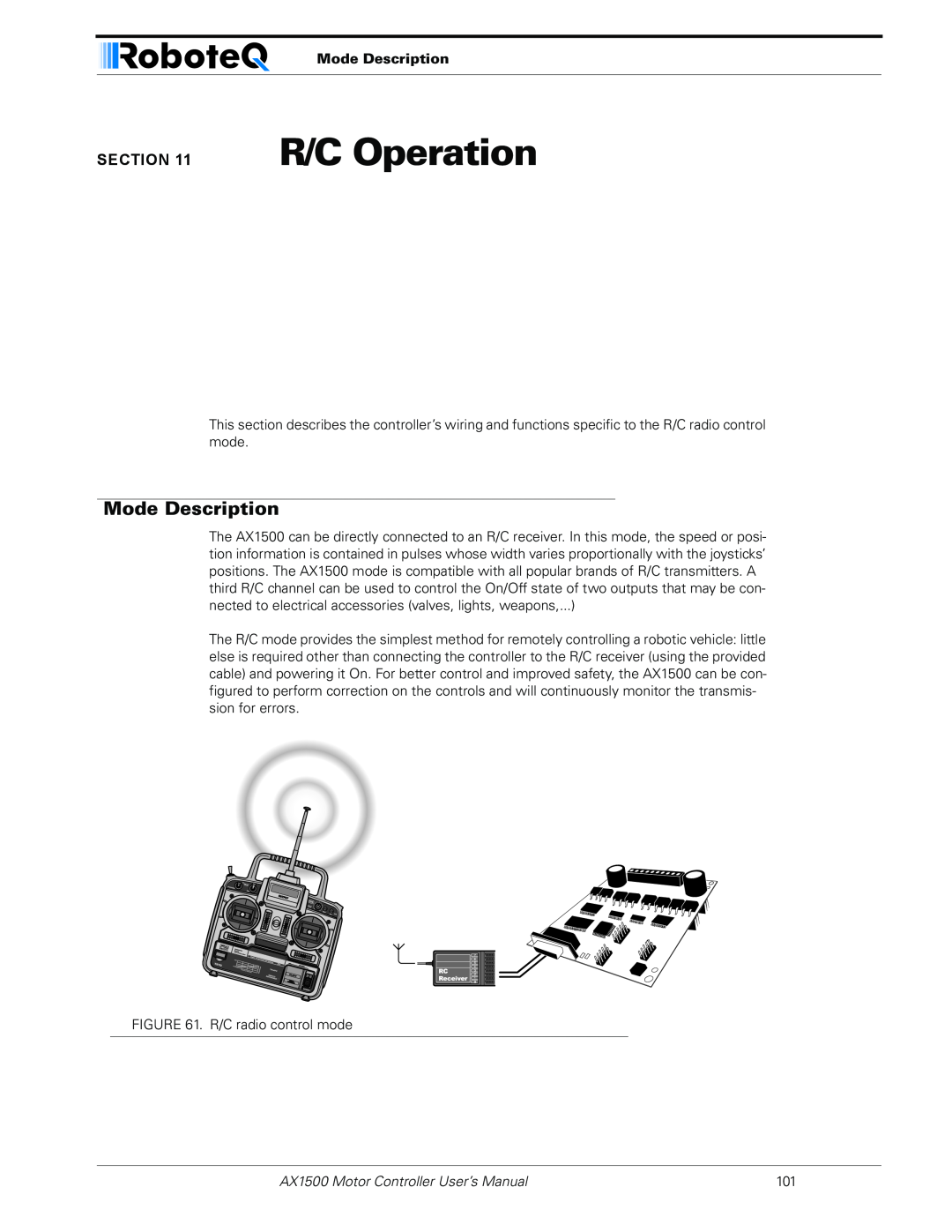 RoboteQ AX2550 user manual R/C Operation, Mode Description, AX1500 Motor Controller User’s Manual 