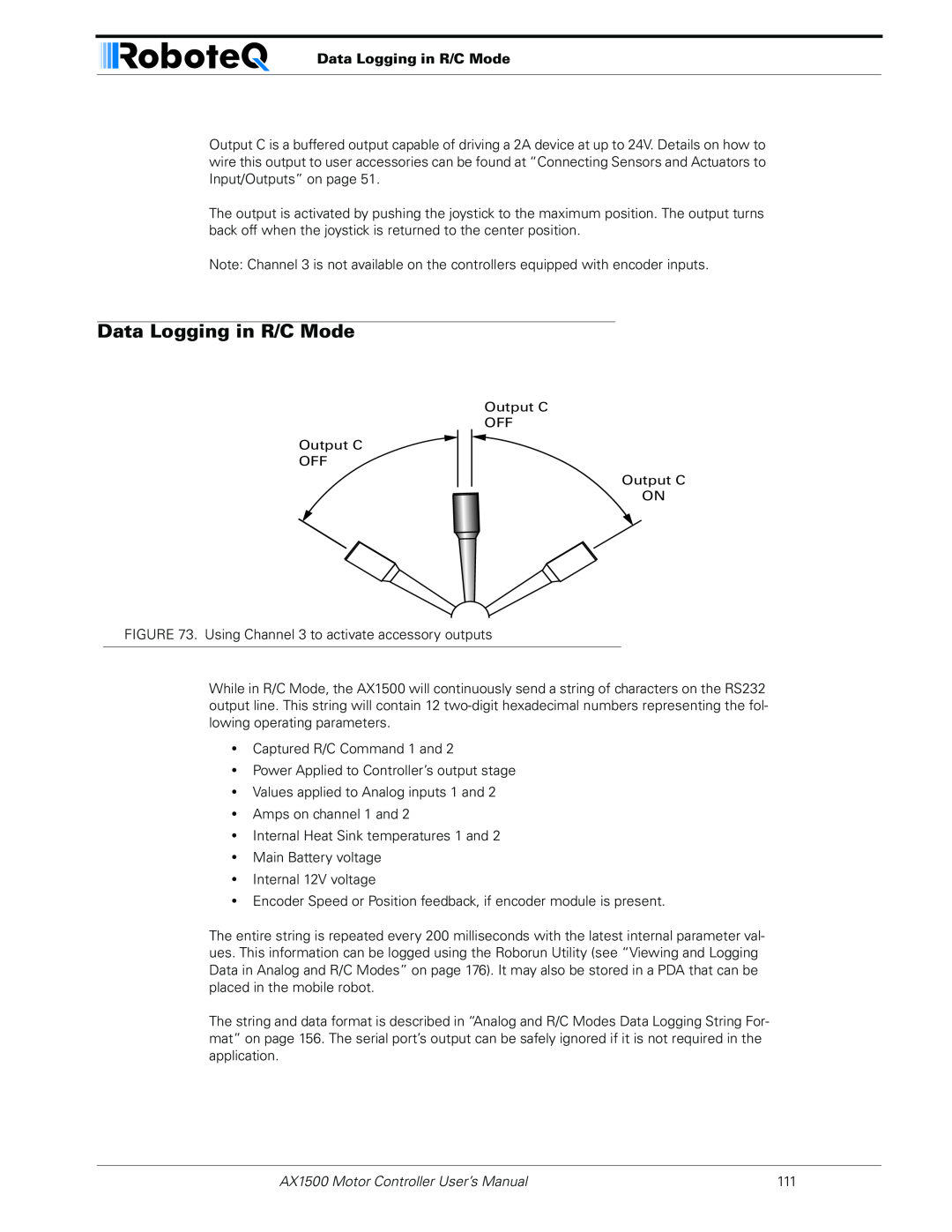 RoboteQ AX2550 user manual Data Logging in R/C Mode, AX1500 Motor Controller User’s Manual 