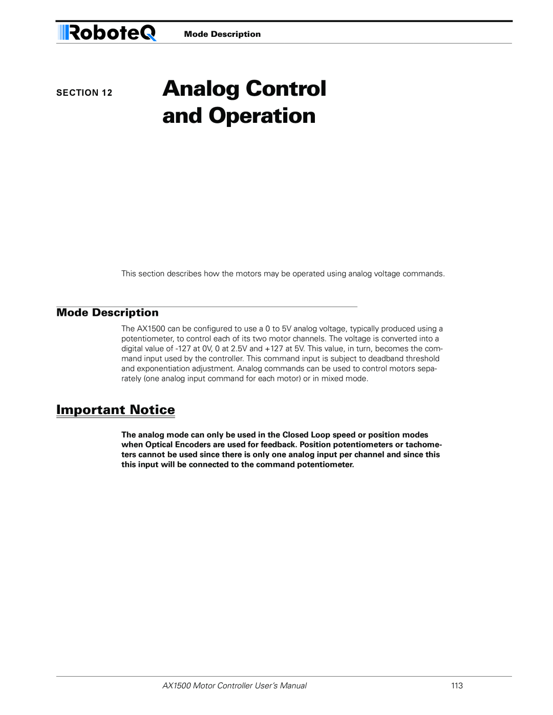 RoboteQ AX2550 Analog Control and Operation, Important Notice, Mode Description, AX1500 Motor Controller User’s Manual 