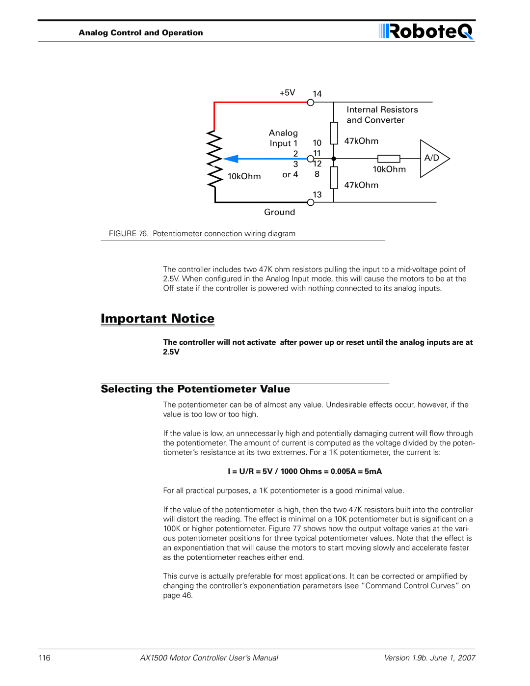 RoboteQ AX2550, AX1500 user manual Selecting the Potentiometer Value, Important Notice 
