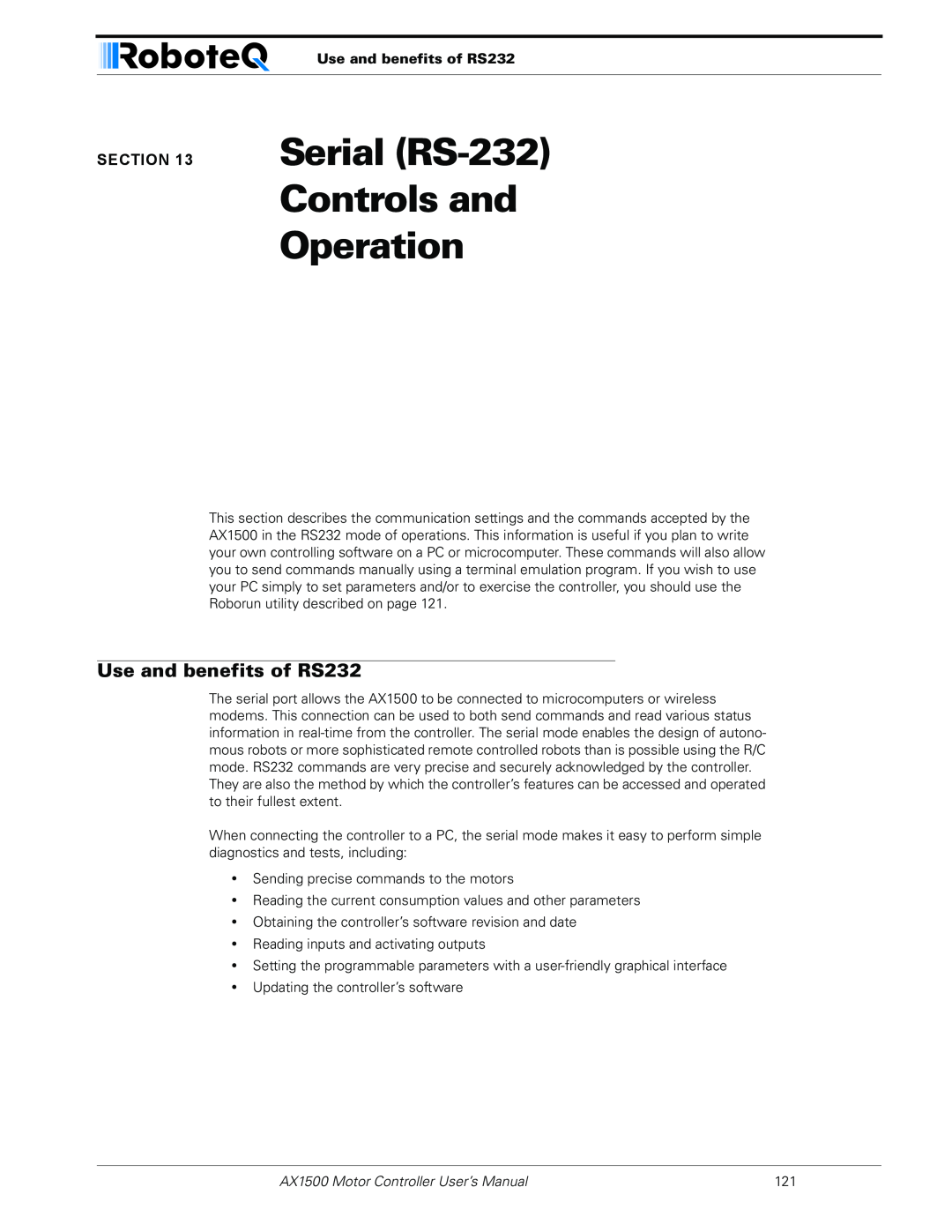 RoboteQ AX2550 Serial RS-232 Controls and Operation, Use and benefits of RS232, AX1500 Motor Controller User’s Manual 