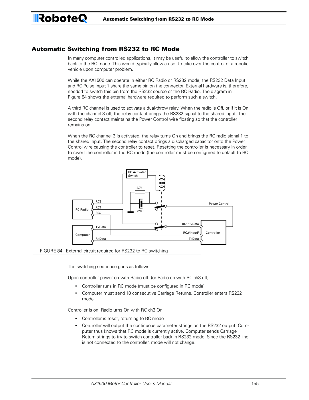 RoboteQ AX2550 user manual Automatic Switching from RS232 to RC Mode, AX1500 Motor Controller User’s Manual 