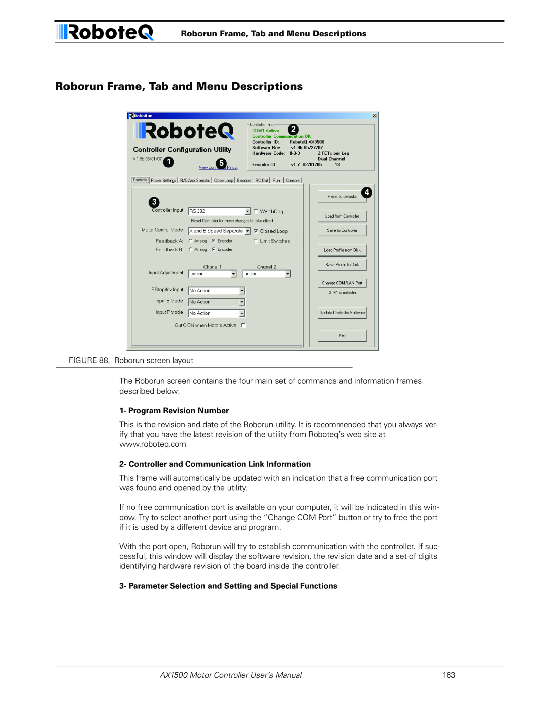 RoboteQ Roborun Frame, Tab and Menu Descriptions, Program Revision Number, AX1500 Motor Controller User’s Manual 