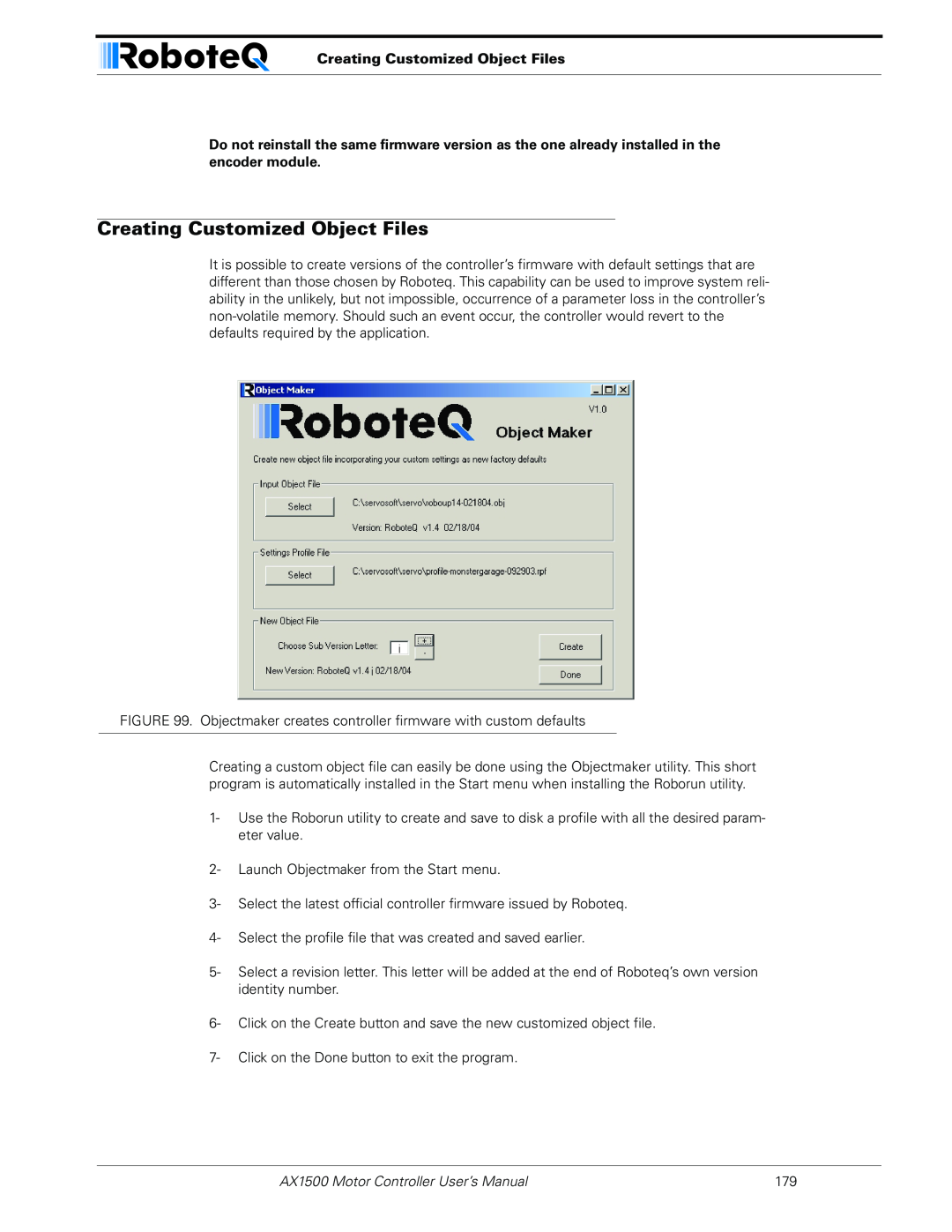 RoboteQ AX2550 user manual Creating Customized Object Files, AX1500 Motor Controller User’s Manual 