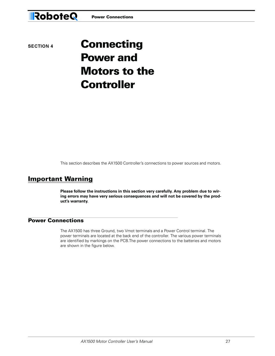 RoboteQ AX1500, AX2550 user manual Connecting Power and Motors to the Controller, Power Connections, Important Warning 