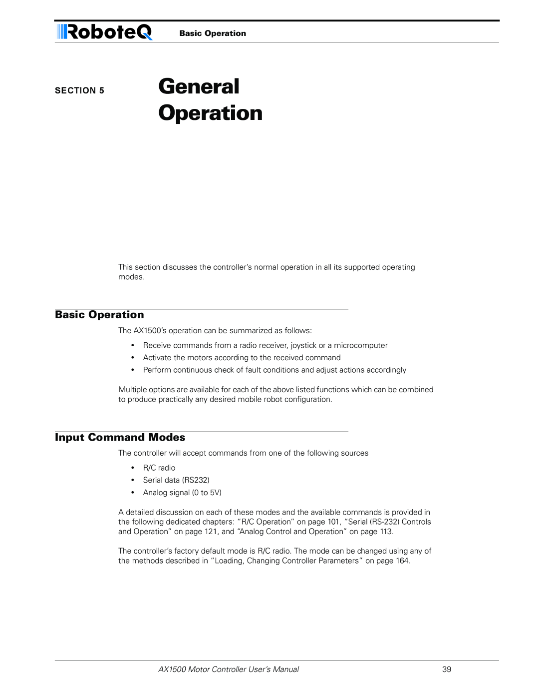 RoboteQ AX2550 General Operation, Basic Operation, Input Command Modes, AX1500 Motor Controller User’s Manual 
