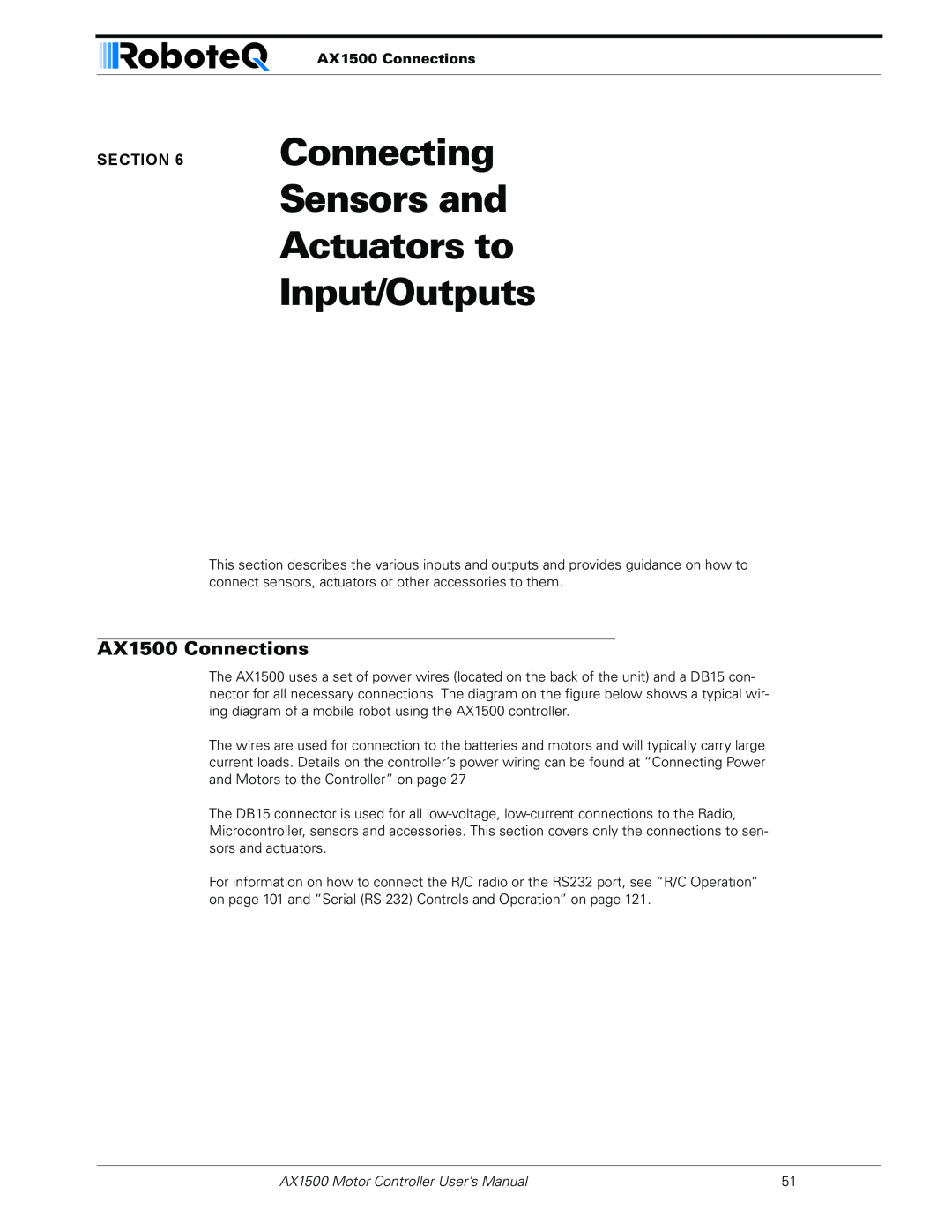 RoboteQ Connecting Sensors and Actuators to Input/Outputs, AX1500 Connections, AX1500 Motor Controller User’s Manual 