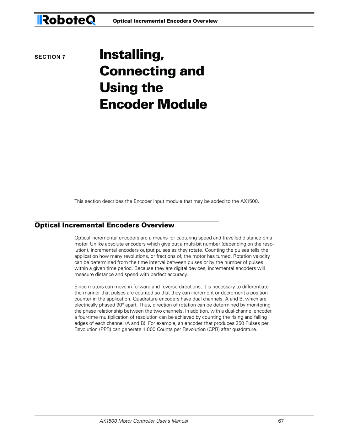 RoboteQ AX1500, AX2550 user manual Installing Connecting and Using the Encoder Module, Optical Incremental Encoders Overview 
