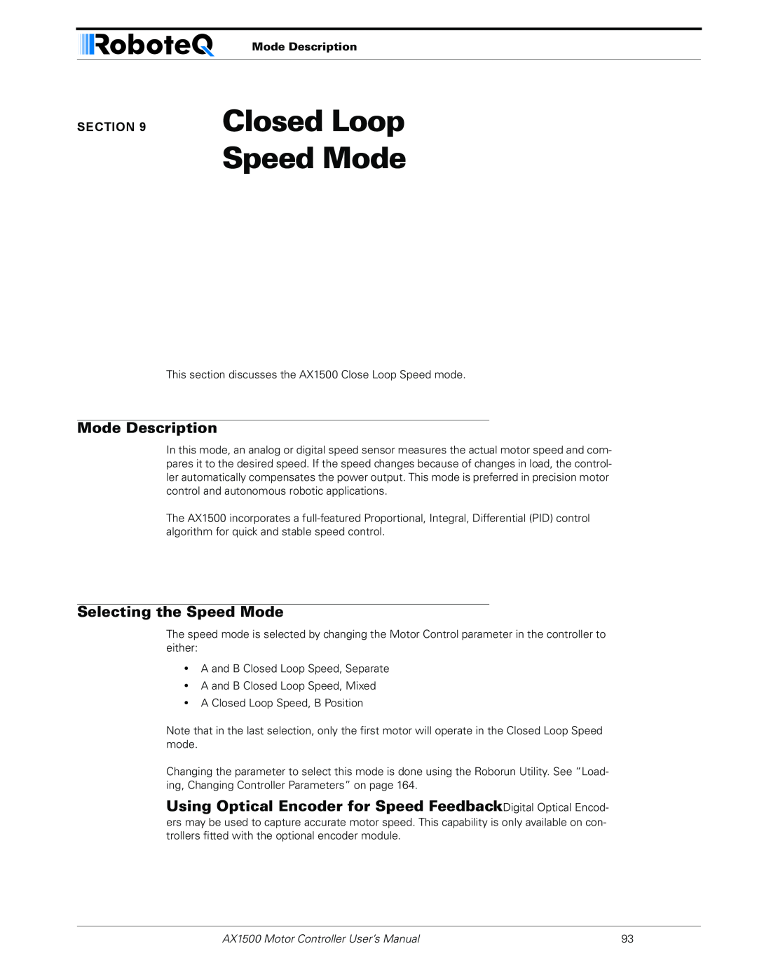 RoboteQ Closed Loop Speed Mode, Selecting the Speed Mode, Mode Description, AX1500 Motor Controller User’s Manual 