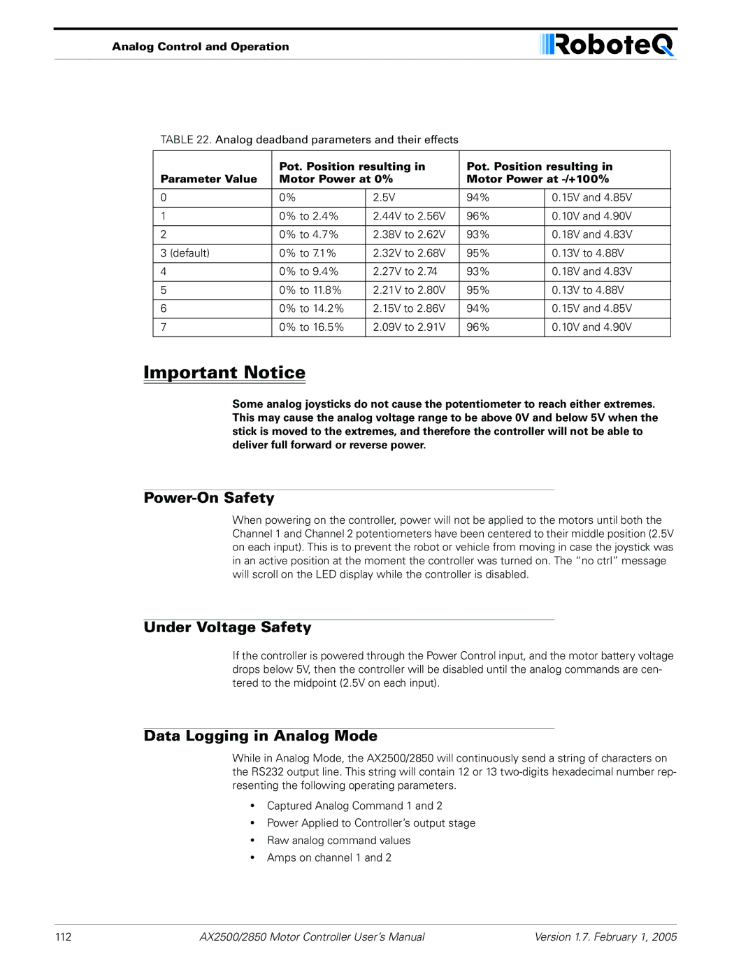 RoboteQ AX2550/2850 user manual Power-On Safety, Under Voltage Safety, Data Logging in Analog Mode 