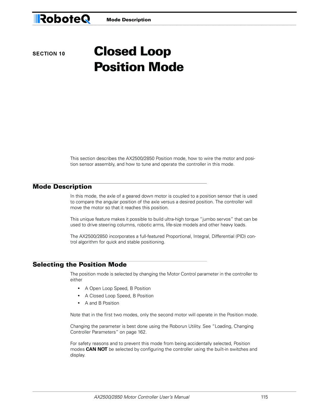 RoboteQ AX2550/2850 user manual Closed Loop Position Mode, Selecting the Position Mode 