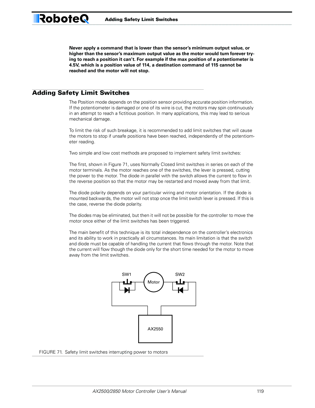 RoboteQ AX2550/2850 user manual Adding Safety Limit Switches, Safety limit switches interrupting power to motors 