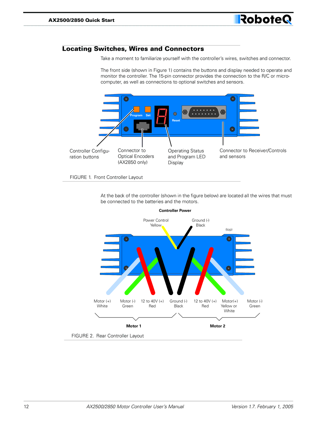 RoboteQ AX2550/2850 user manual Locating Switches, Wires and Connectors, AX2500/2850 Quick Start 