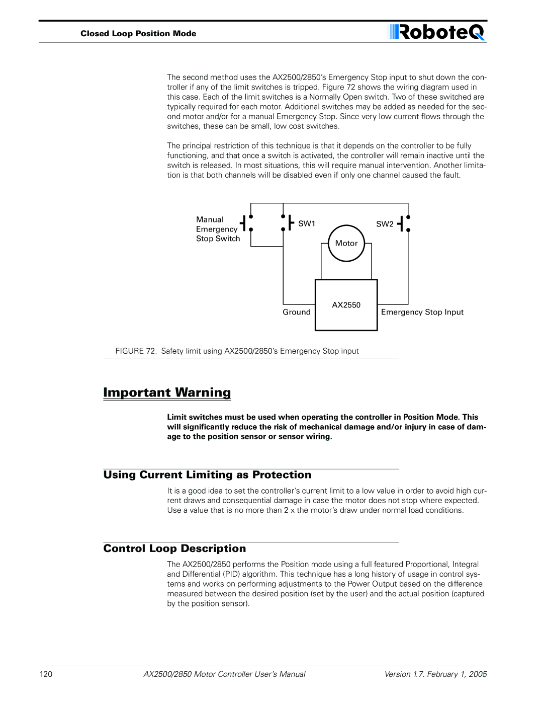 RoboteQ AX2550/2850 user manual Using Current Limiting as Protection, Control Loop Description 