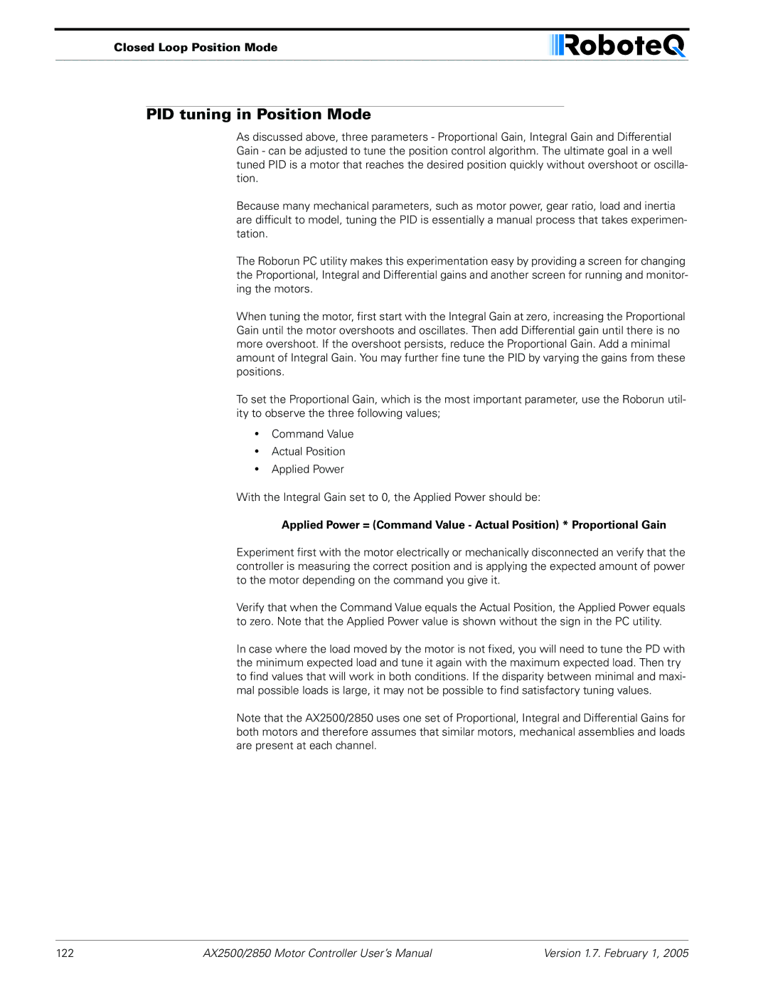 RoboteQ AX2550/2850 user manual PID tuning in Position Mode 