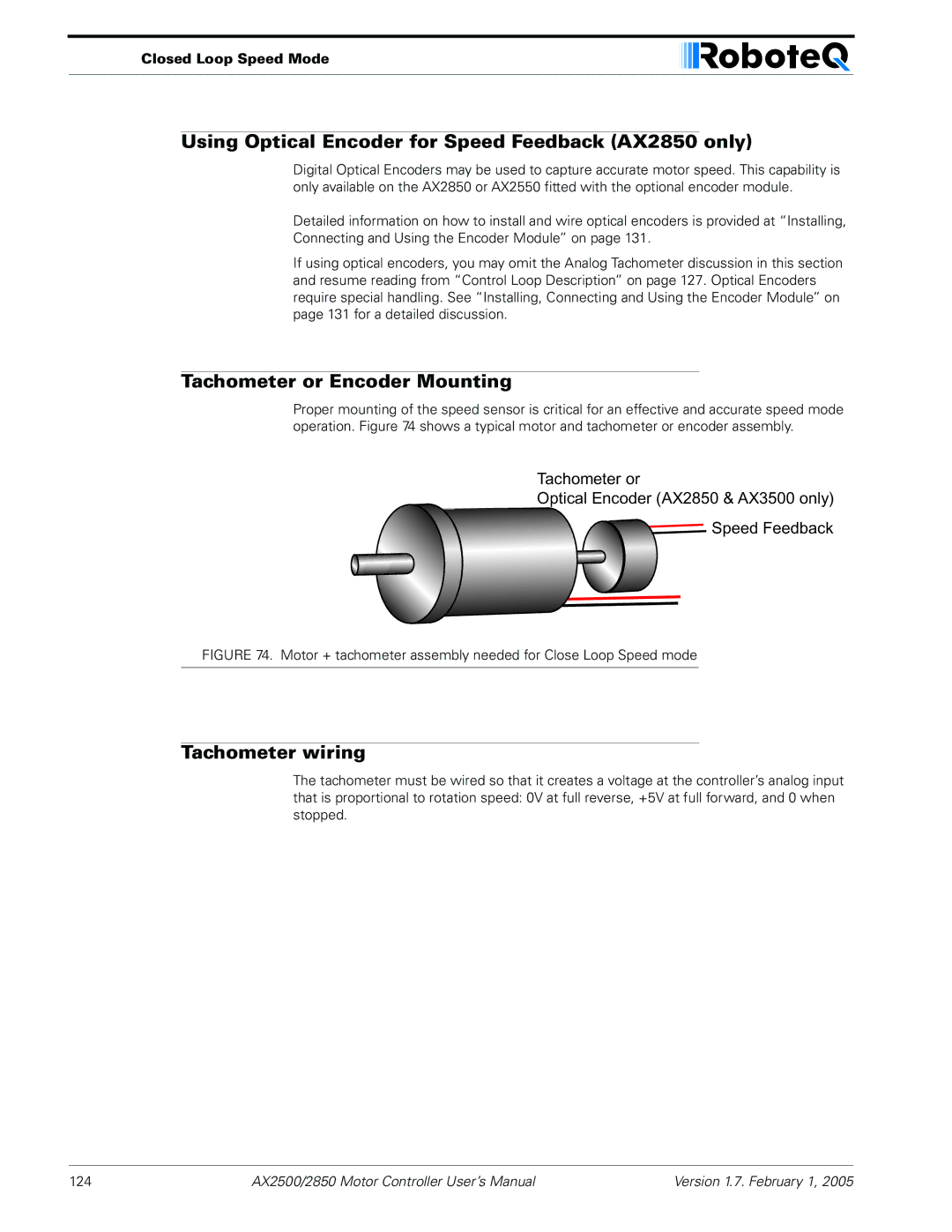 RoboteQ AX2550/2850 user manual Using Optical Encoder for Speed Feedback AX2850 only, Tachometer or Encoder Mounting 