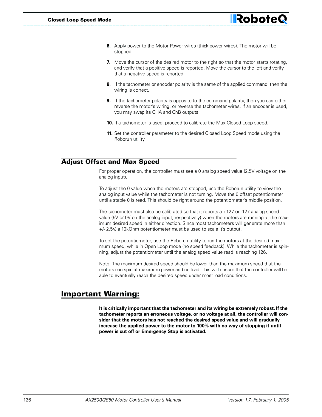 RoboteQ AX2550/2850 user manual Adjust Offset and Max Speed 