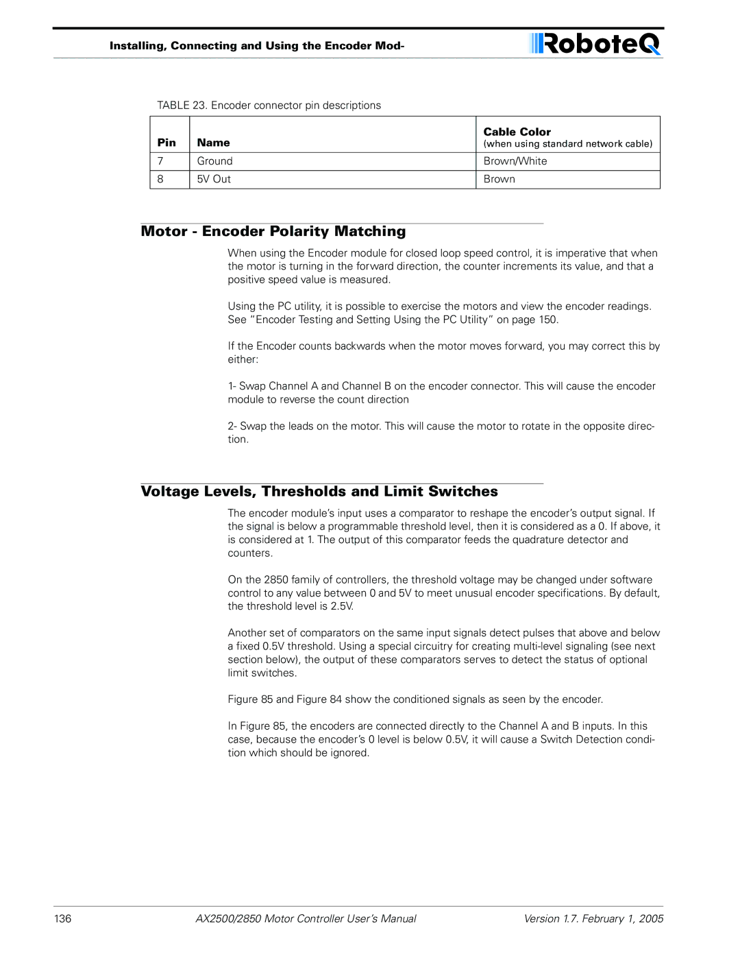 RoboteQ AX2550/2850 user manual Motor Encoder Polarity Matching, Voltage Levels, Thresholds and Limit Switches 