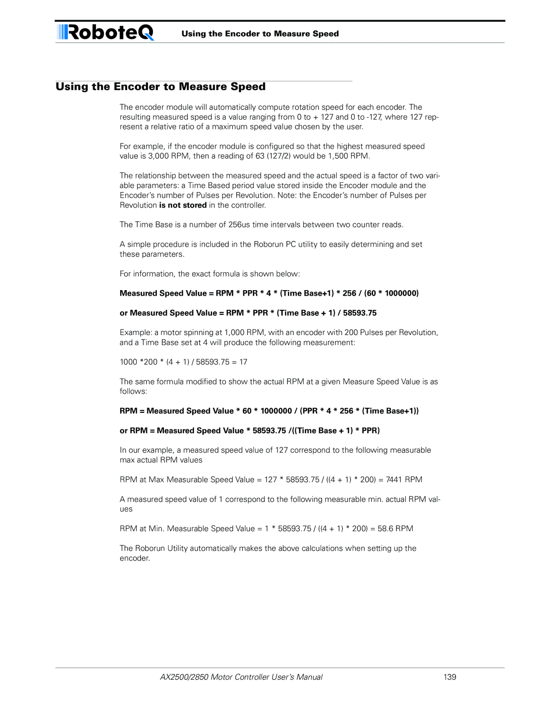 RoboteQ AX2550/2850 user manual Using the Encoder to Measure Speed 