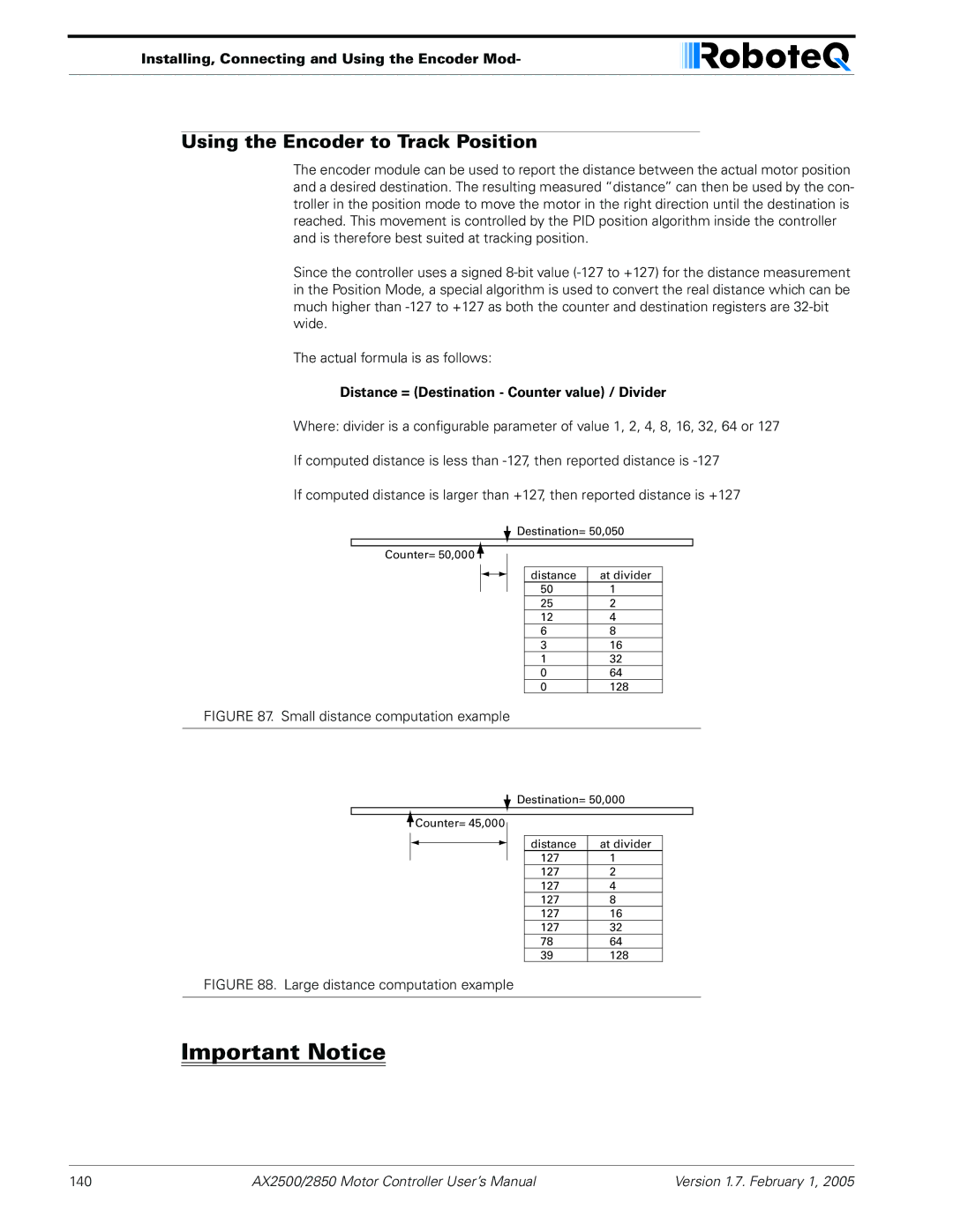 RoboteQ AX2550/2850 user manual Using the Encoder to Track Position, Distance = Destination Counter value / Divider 