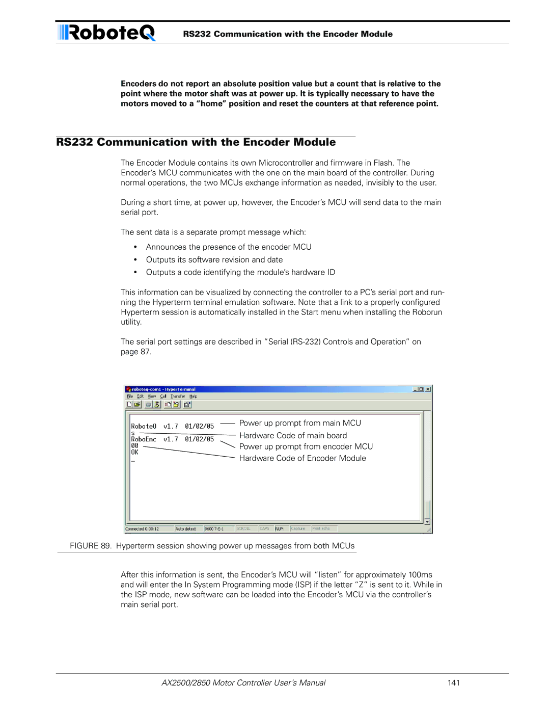 RoboteQ AX2550/2850 user manual RS232 Communication with the Encoder Module 